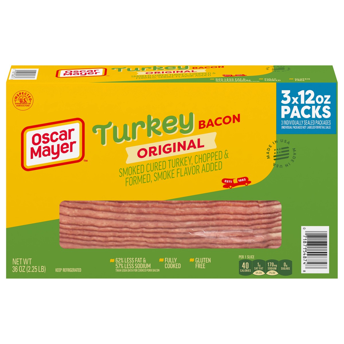 slide 9 of 14, Oscar Mayer Fully Cooked & Gluten Free Turkey Bacon with 62% Less Fat & 57% Less Sodium, 3 ct Box, 12 oz Packs, 53-55 total slices, 3 ct