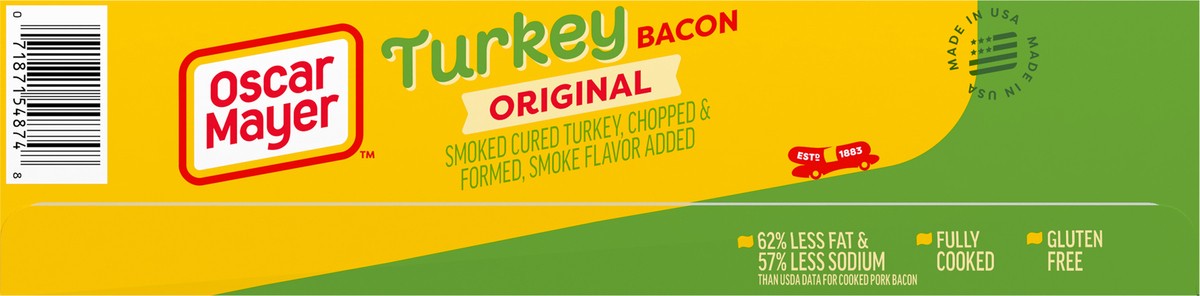 slide 8 of 14, Oscar Mayer Fully Cooked & Gluten Free Turkey Bacon with 62% Less Fat & 57% Less Sodium, 3 ct Box, 12 oz Packs, 53-55 total slices, 3 ct