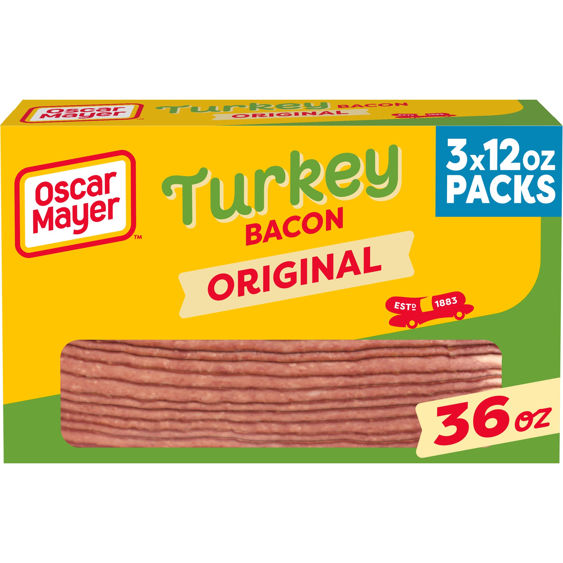 slide 1 of 14, Oscar Mayer Fully Cooked & Gluten Free Turkey Bacon with 62% Less Fat & 57% Less Sodium, 3 ct Box, 12 oz Packs, 53-55 total slices, 3 ct