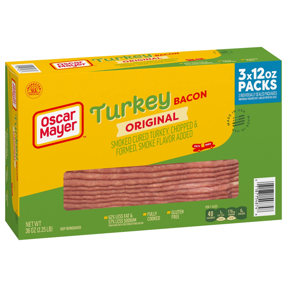 slide 5 of 14, Oscar Mayer Fully Cooked & Gluten Free Turkey Bacon with 62% Less Fat & 57% Less Sodium, 3 ct Box, 12 oz Packs, 53-55 total slices, 3 ct