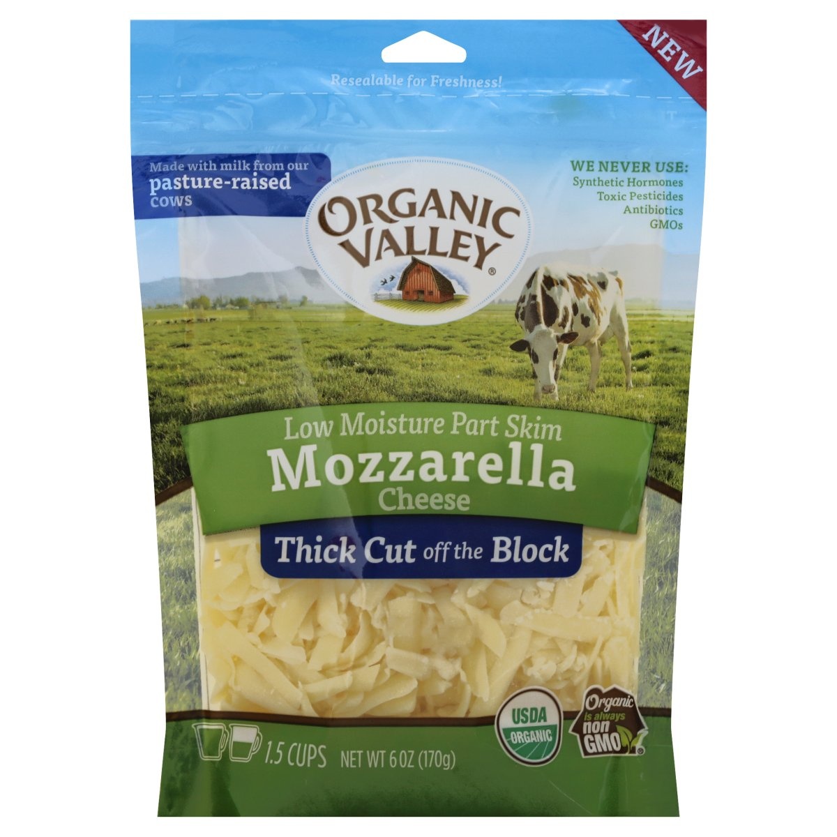 slide 1 of 1, Organic Valley Thick Cut Off The Block Mozzarella Shredded Cheese, 6 oz