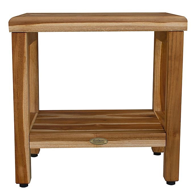 slide 2 of 6, EcoDecors Classic Teak Shower Bench with Shelf - Natural, 18 in