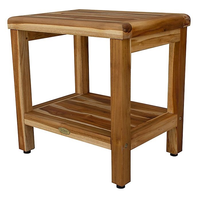 slide 3 of 6, EcoDecors Classic Teak Shower Bench with Shelf - Natural, 18 in