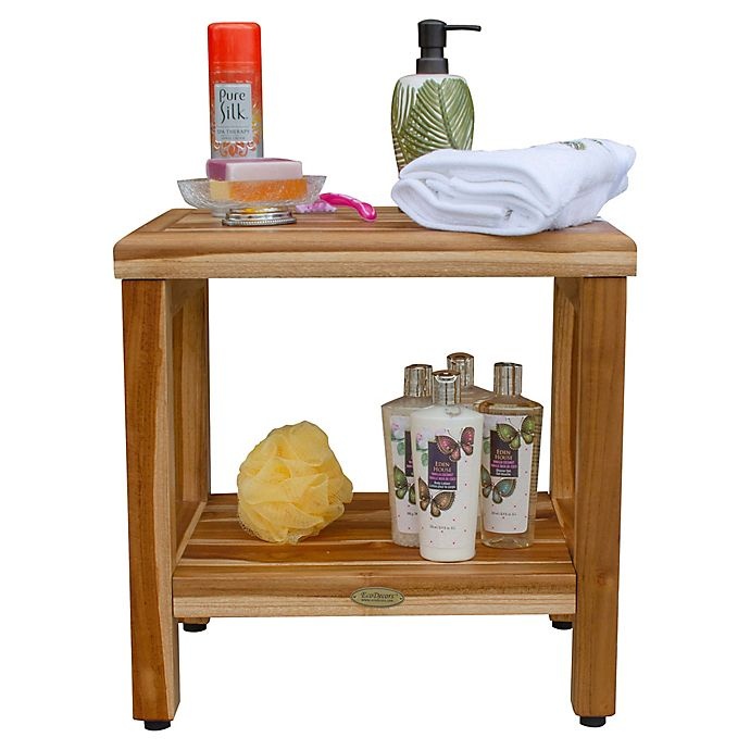 slide 6 of 6, EcoDecors Classic Teak Shower Bench with Shelf - Natural, 18 in