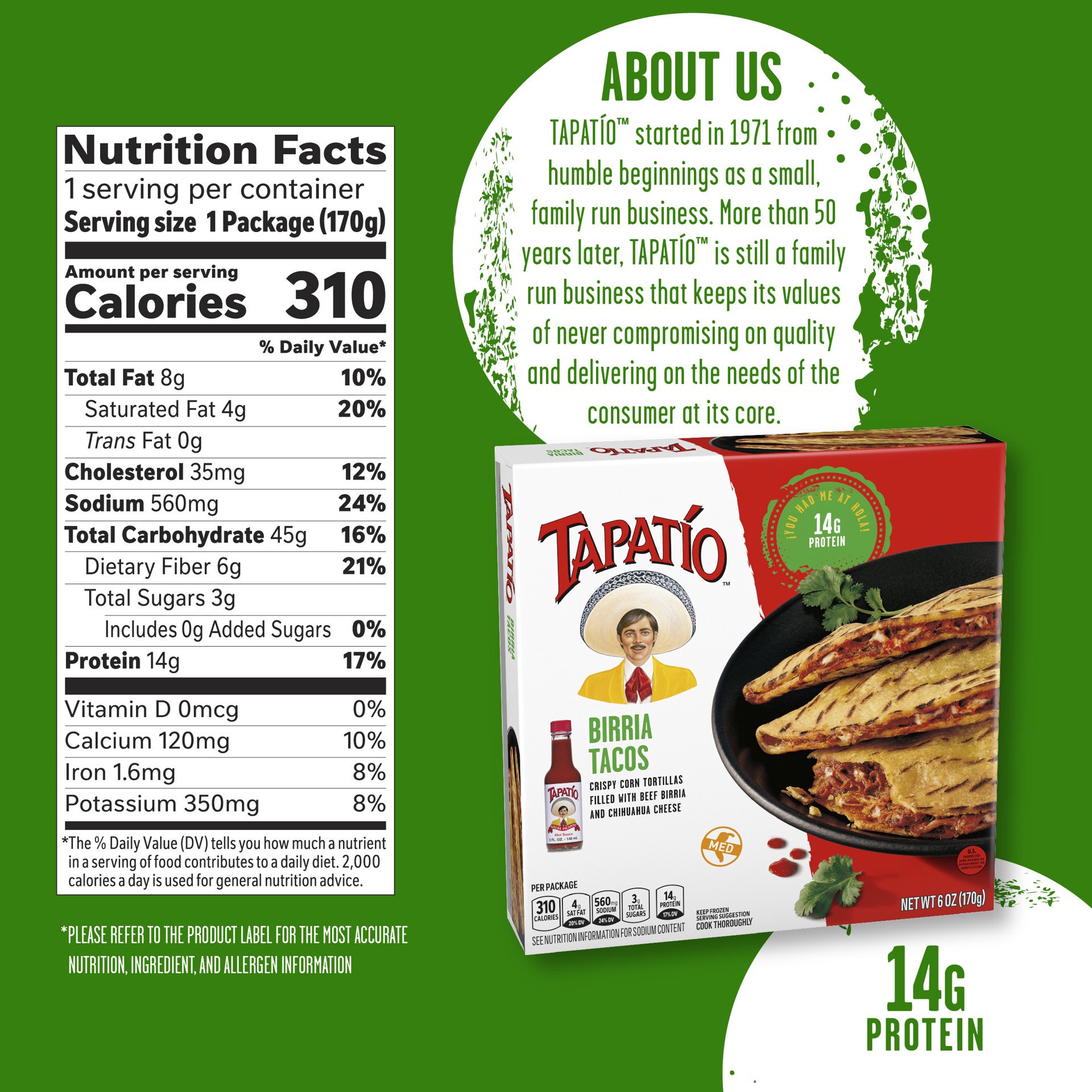 slide 6 of 6, Unbranded Tapatío Birria Tacos with Tapatio Hot Sauce, Beef Tacos, Frozen Mexican Food, 6 oz