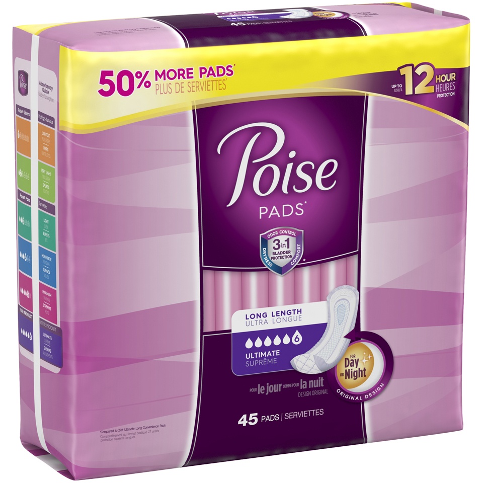 slide 3 of 3, Poise Incontinence Pads & Postpartum Incontinence Pads, 6 Drop Ultimate Absorbency, Long Length, 45 Count, 45 ct