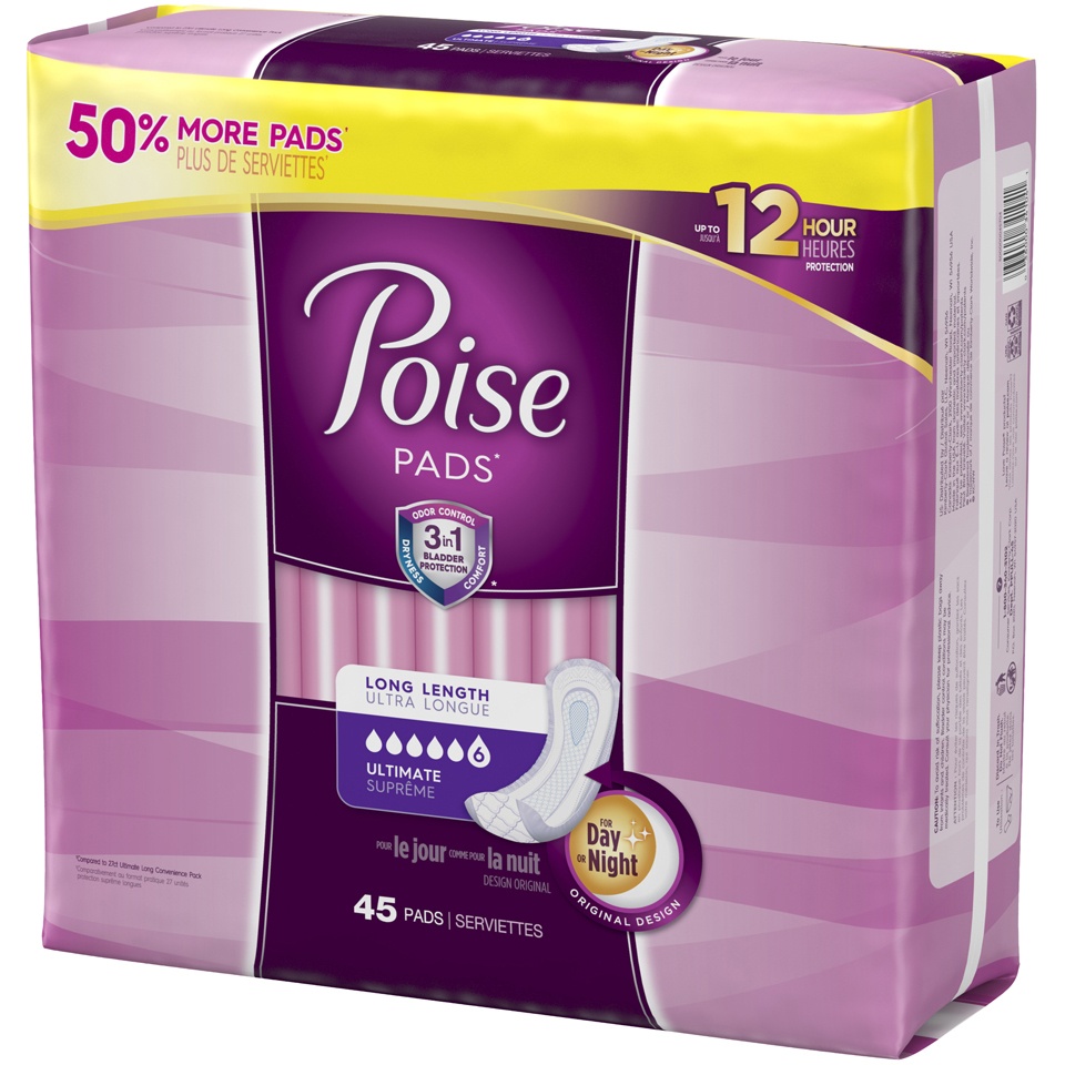 slide 2 of 3, Poise Incontinence Pads & Postpartum Incontinence Pads, 6 Drop Ultimate Absorbency, Long Length, 45 Count, 45 ct