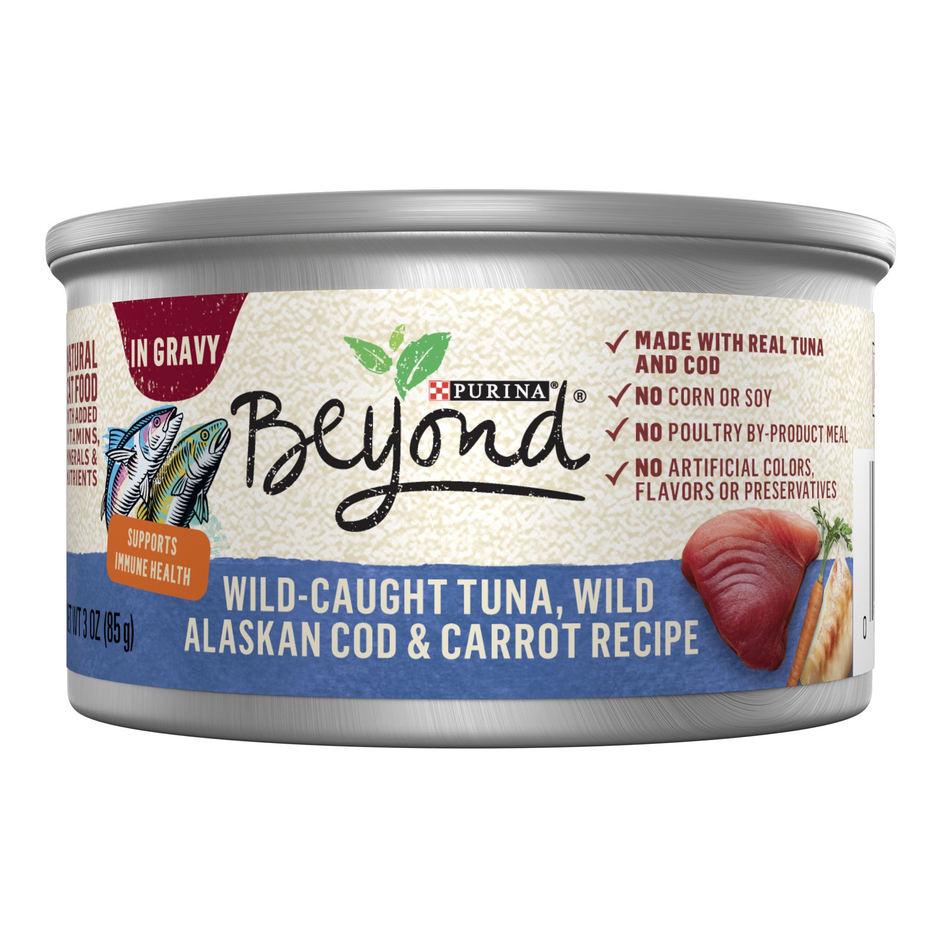 slide 1 of 7, Beyond Purina Beyond Natural Wet Cat Food in Gravy, Wild Caught Tuna & Wild Alaskan Cod Recipe - 3 oz. Can, 3 oz