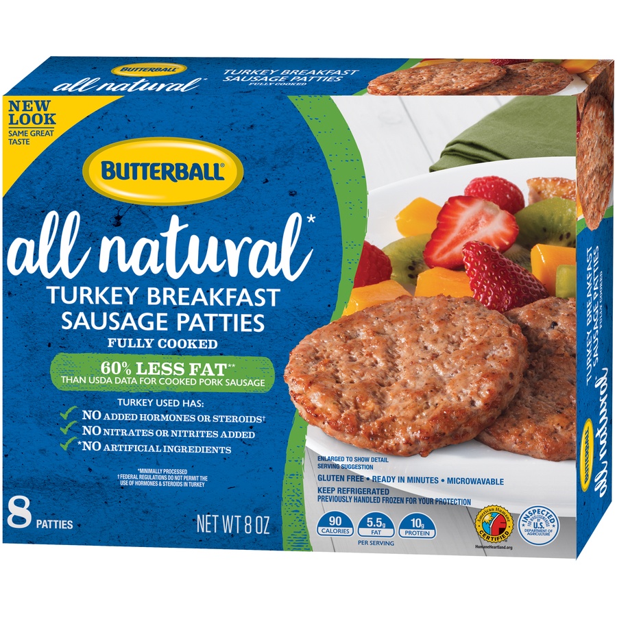 slide 4 of 8, Butterball All Natural Turkey Breakfast Sausage Patties, 8 Patties, 8 ct