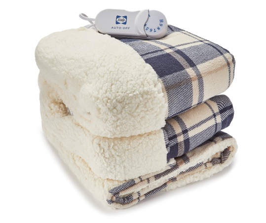 slide 1 of 1, Biddeford Blankets Navy & Taupe Plaid Sherpa Heated Electric Throw, 1 ct
