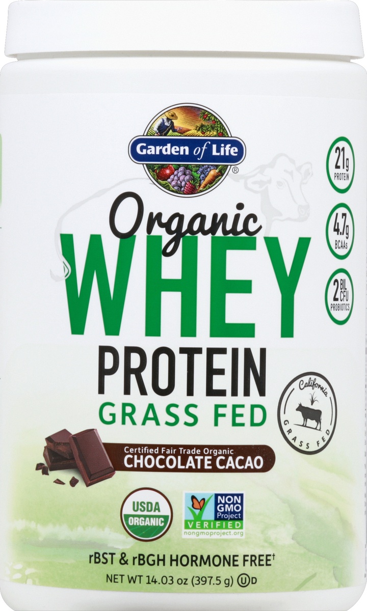slide 2 of 2, Garden of Life Organic Grass Fed Chocolate Whey Protein Powder, 14.03 oz