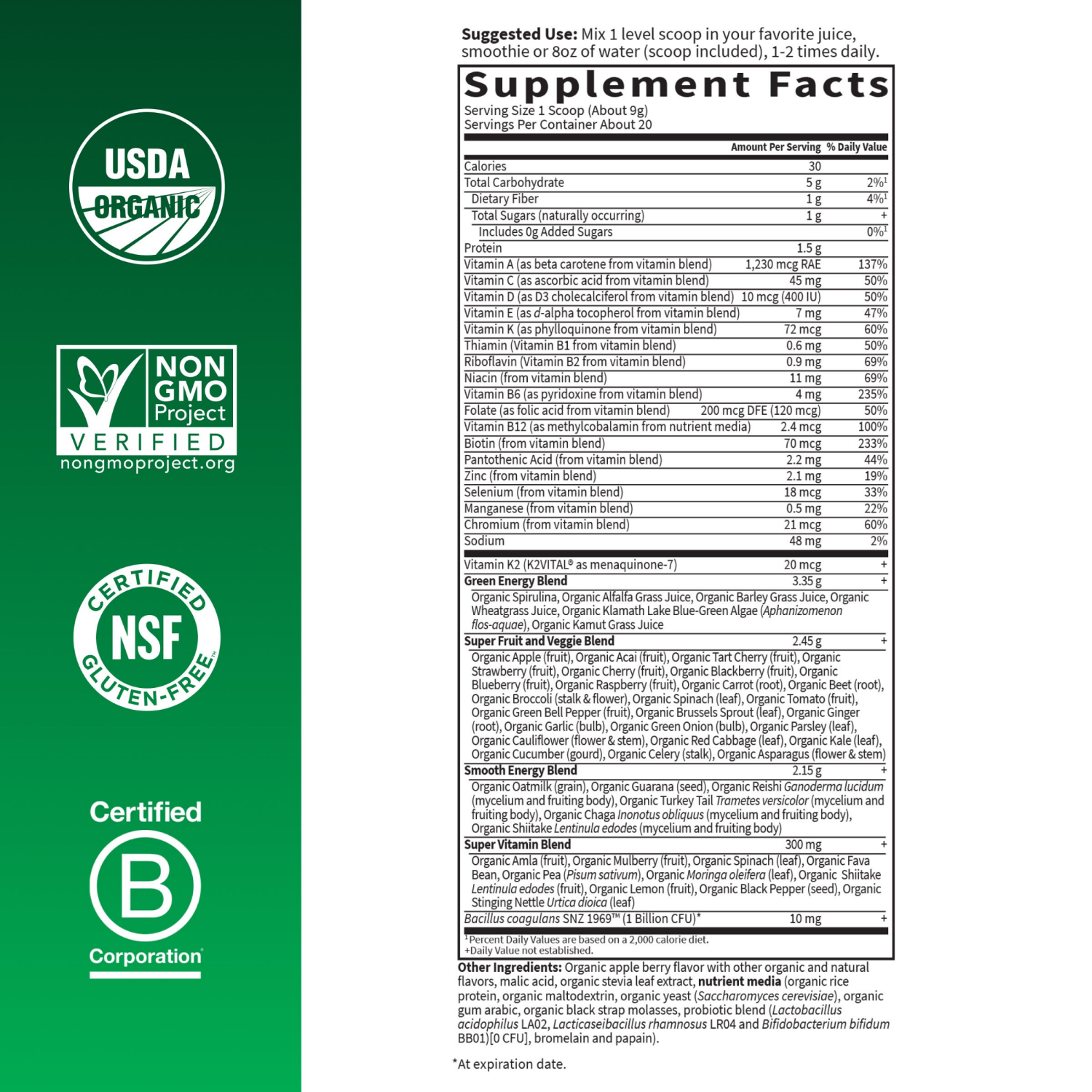 slide 2 of 6, Garden of Life Organic Greens Superfoods and Probiotic Powder - Apple Berry - 6.34oz/20 Servings, 6.34 oz, 20 servings