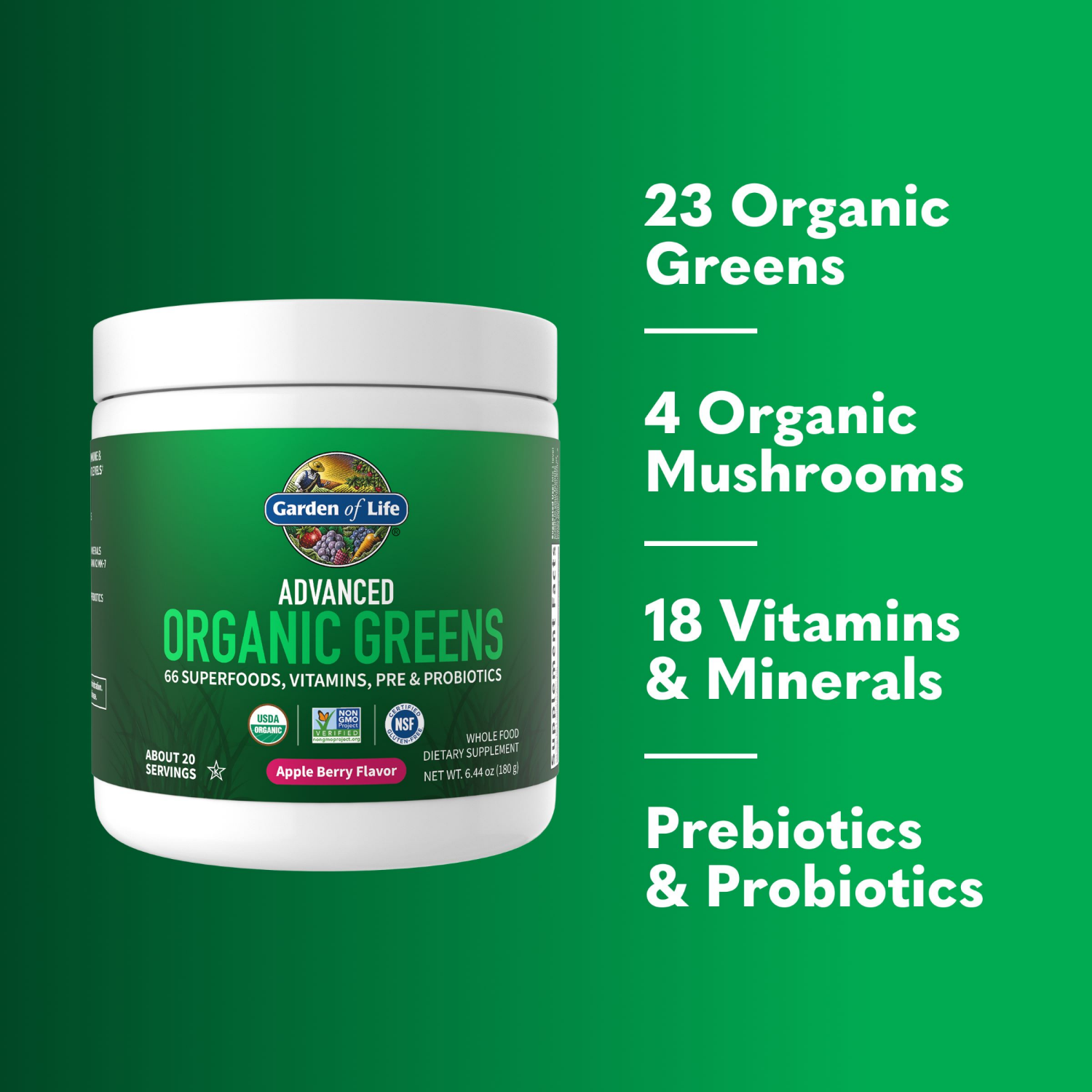 slide 5 of 6, Garden of Life Organic Greens Superfoods and Probiotic Powder - Apple Berry - 6.34oz/20 Servings, 6.34 oz, 20 servings