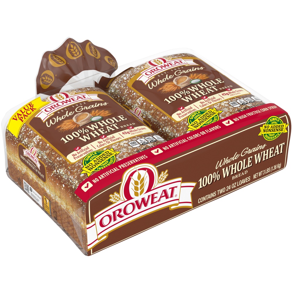 slide 8 of 9, Oroweat Whole Grains 100% Whole Wheat Bread, Twin Pack, 48 oz, 2 ct