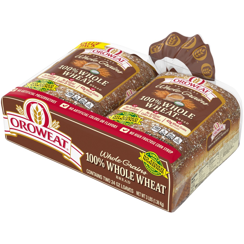 slide 2 of 9, Oroweat Whole Grains 100% Whole Wheat Bread, Twin Pack, 48 oz, 2 ct