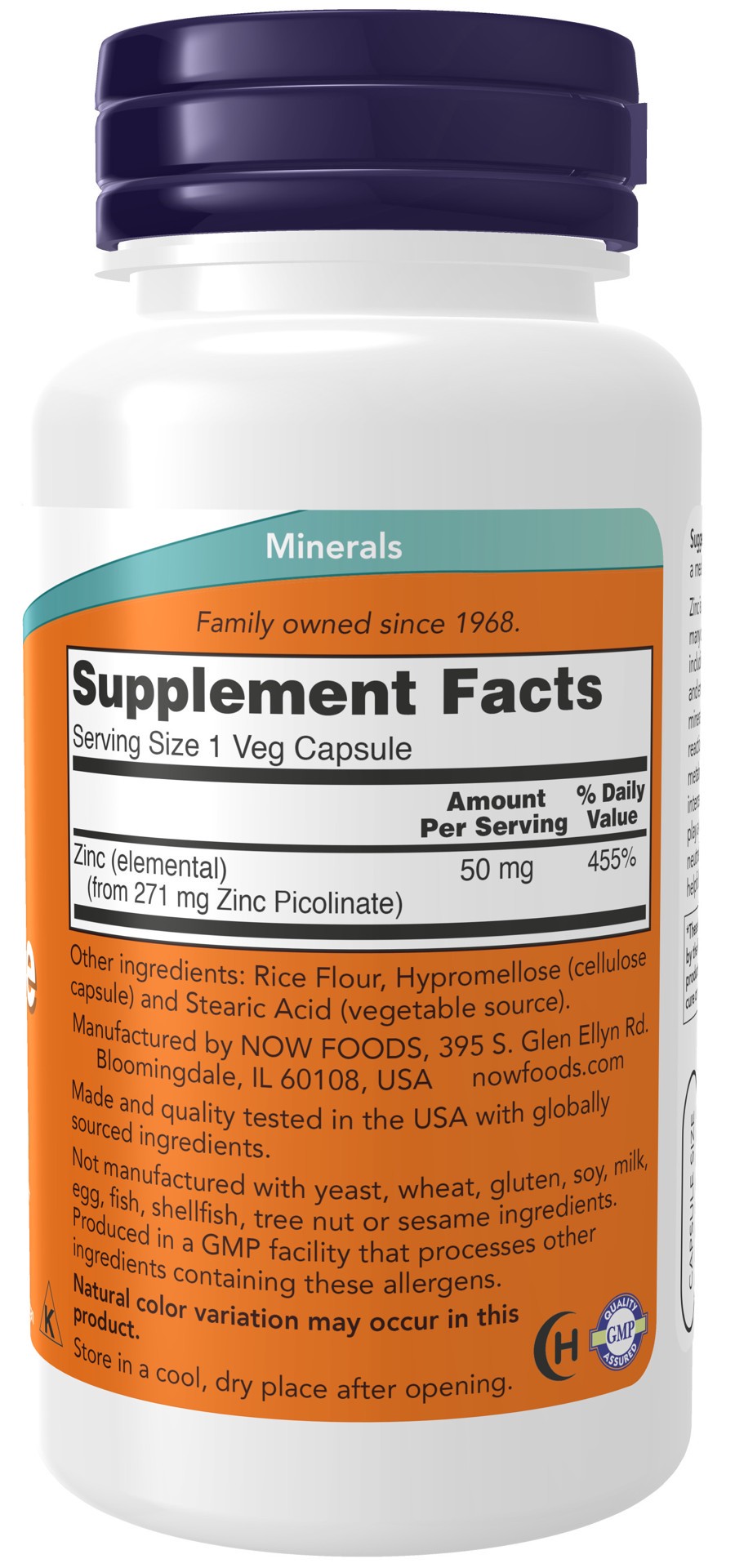 slide 4 of 4, NOW Zinc Picolinate 50 mg - 120 Veg Capsules, 120 ct