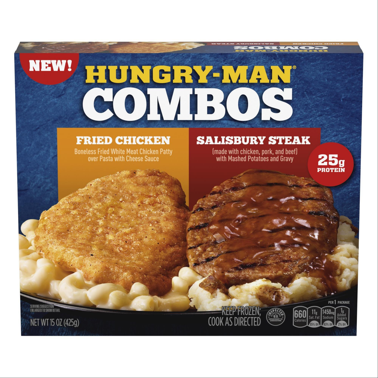 slide 1 of 3, Hungry-Man Combos Fried Chicken With Mac & Cheese Salisbury Steak With Mashed Potatoes & Gravy, 15 oz