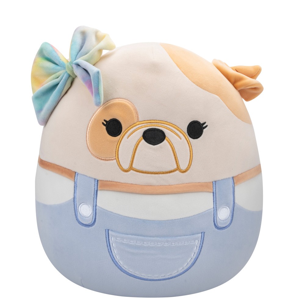 slide 1 of 1, Squishmallows 10" Tan And White Bulldog in Purple Overalls With Rainbow Bow, 10 in
