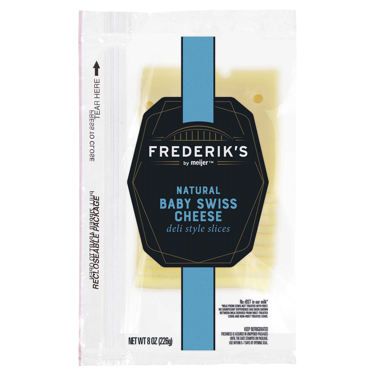 slide 1 of 1, FREDERIKS BY MEIJER Frederik's by Meijer Natural Baby Swiss Deli Style Cheese Slices, 8 oz, 8 oz