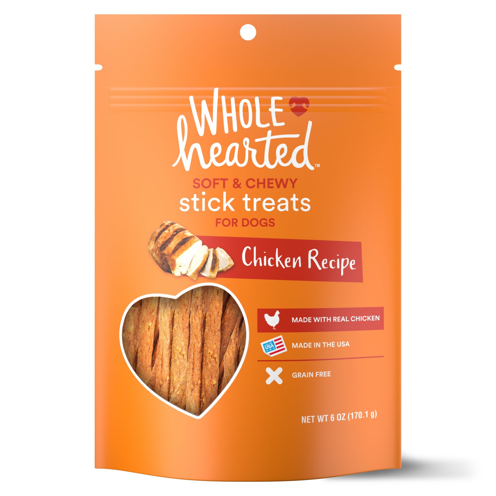 slide 1 of 1, WholeHearted Grain Free Soft and Chewy Chicken Recipe Dog Stick Treats, 6 oz