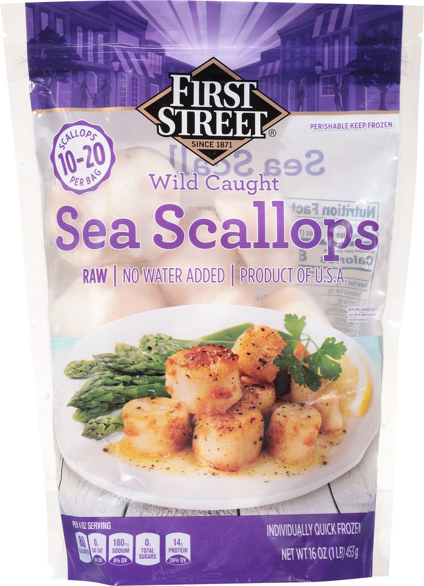 slide 12 of 14, First Street Wild Caught Sea Scallops 10/20, 16 oz