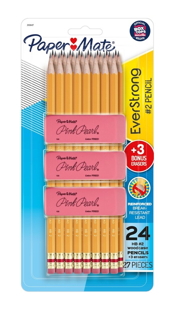 slide 1 of 1, Paper Mate Everstrong #2 Woodcase Pencils + Pink Pearl Erasers, 27 ct