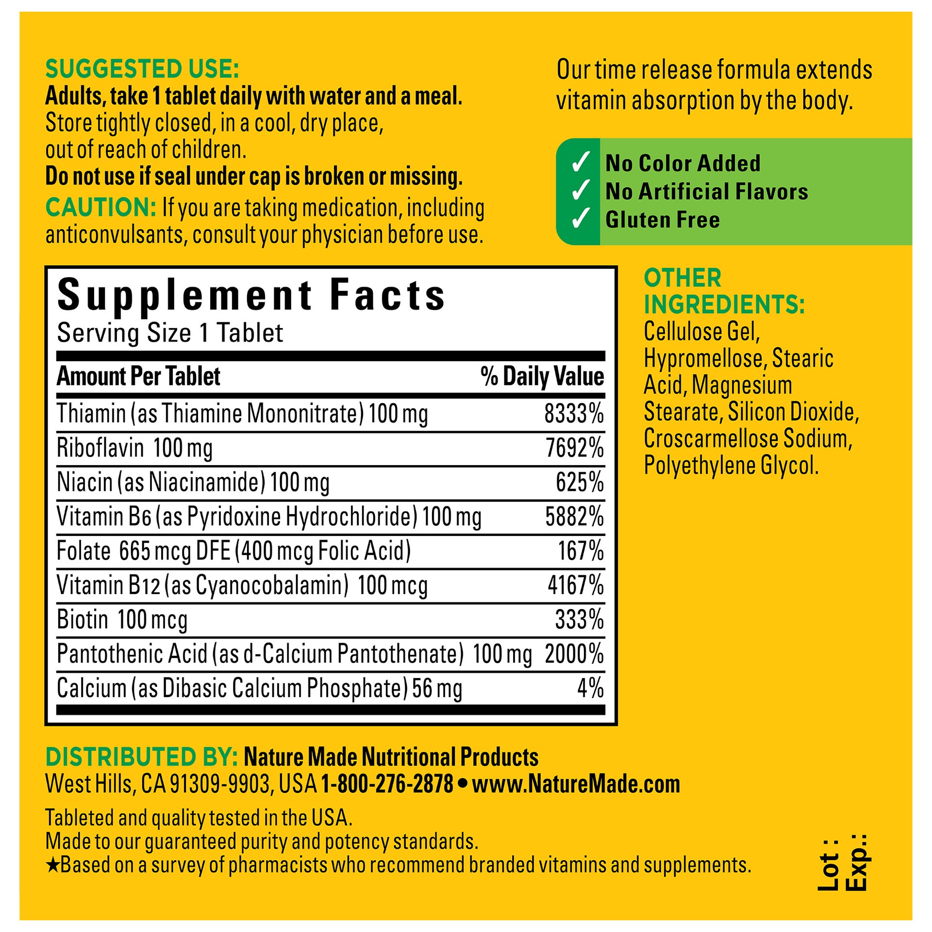 slide 7 of 8, Nature Made Time Release Vitamin B-100 High Potency B Complex, Dietary Supplement for Nervous System Function Support, 60 Time Release Tablets, 60 Day Supply, 60 ct