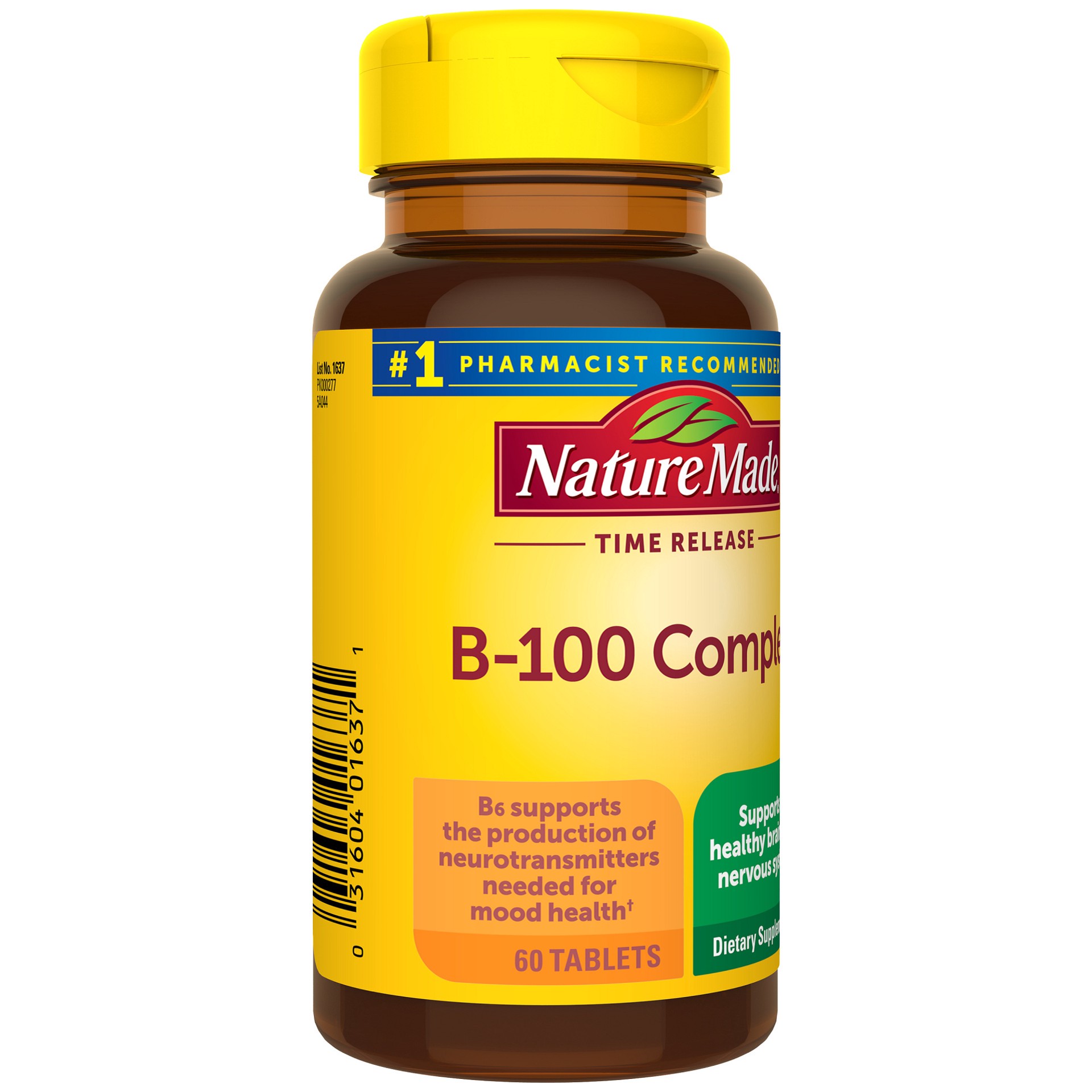 slide 4 of 8, Nature Made Time Release Vitamin B-100 High Potency B Complex, Dietary Supplement for Nervous System Function Support, 60 Time Release Tablets, 60 Day Supply, 60 ct