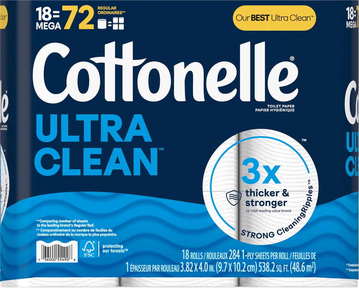 slide 5 of 11, Cottonelle Ultra Clean Toilet Paper, Strong Toilet Tissue, 18 Mega Rolls (18 Mega Rolls = 72 Regular Rolls), 284 Sheets Per Roll, 18 ct
