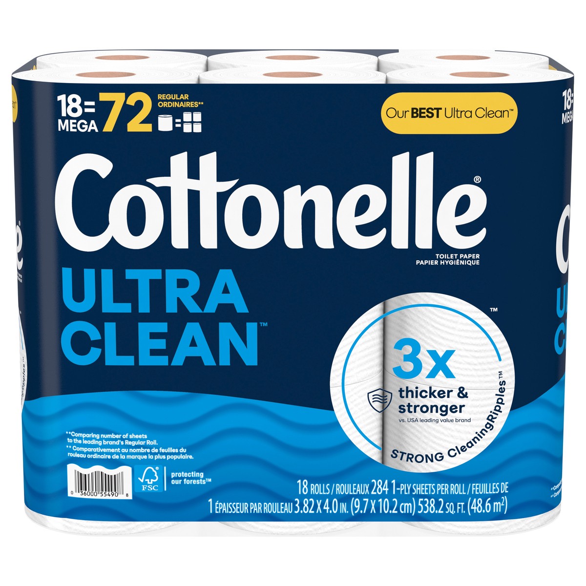 slide 6 of 11, Cottonelle Ultra Clean Toilet Paper, Strong Toilet Tissue, 18 Mega Rolls (18 Mega Rolls = 72 Regular Rolls), 284 Sheets Per Roll, 18 ct