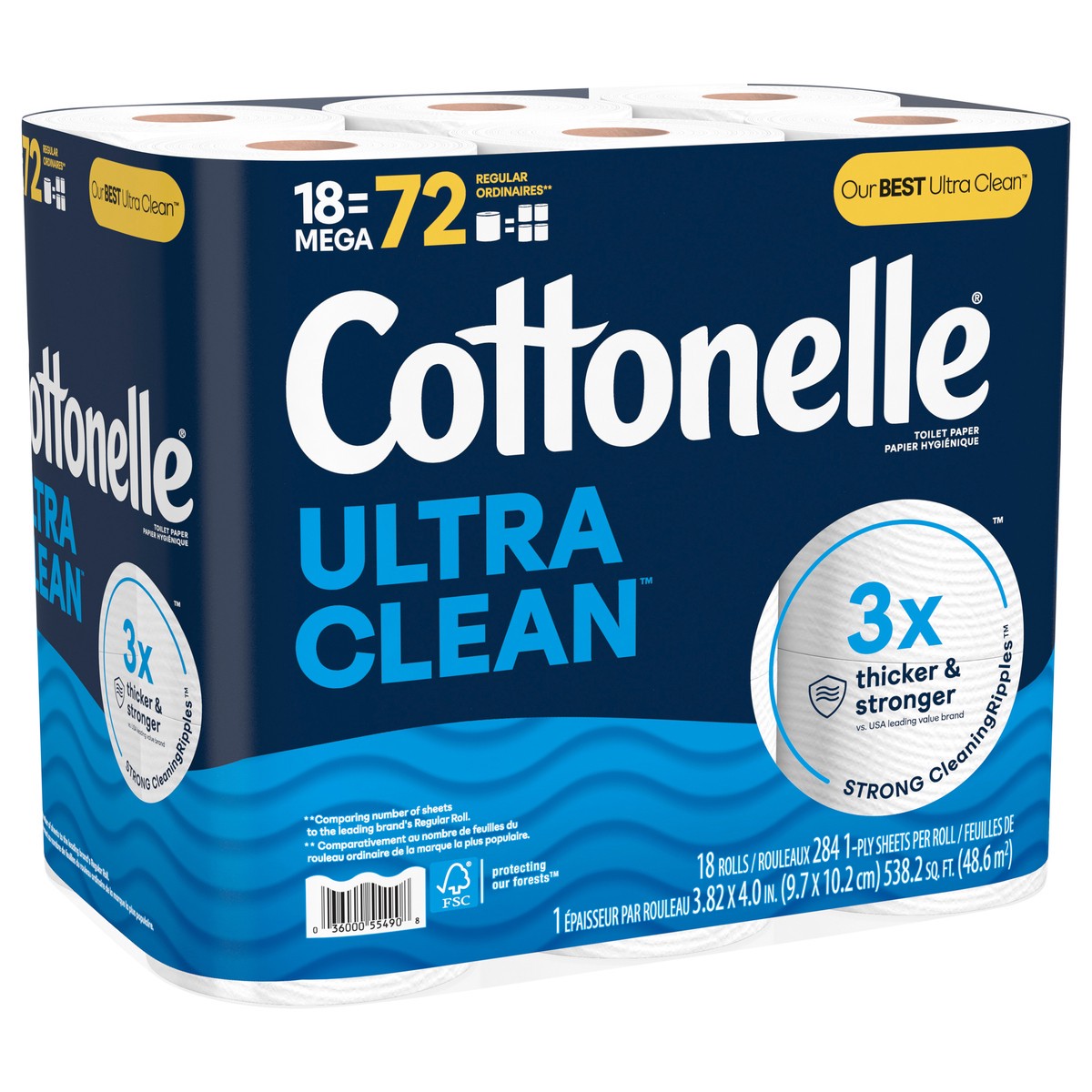 slide 3 of 11, Cottonelle Ultra Clean Toilet Paper, Strong Toilet Tissue, 18 Mega Rolls (18 Mega Rolls = 72 Regular Rolls), 284 Sheets Per Roll, 18 ct