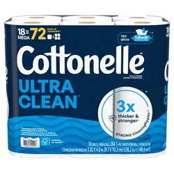 Cottonelle Ultra Clean Toilet Paper, Strong Toilet Tissue, 18 Mega Rolls (18 Mega Rolls = 72 Regular Rolls), 284 Sheets Per Roll