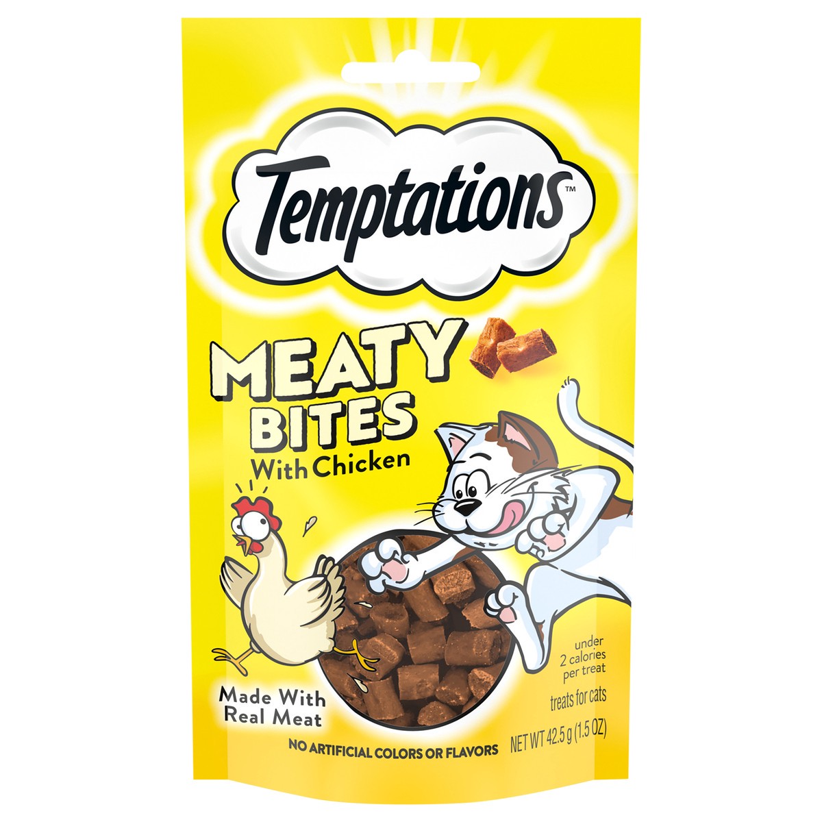 slide 1 of 3, TEMPTATIONS Meaty Bites, Soft and Savory Cat Treats, Chicken Flavor, 1.5 oz. Pouch, 1.5 oz