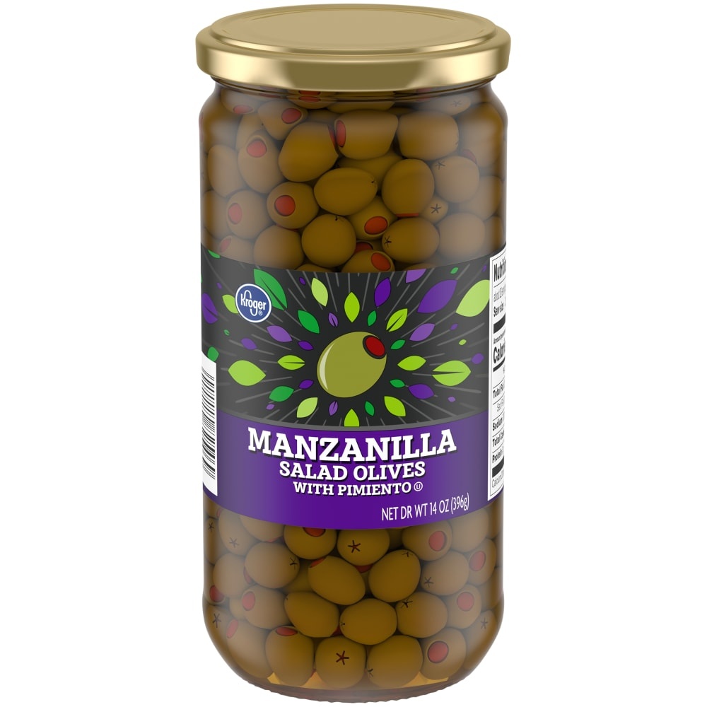 slide 1 of 1, Kroger Manzanilla Salad Olives with Pimiento, 14 oz