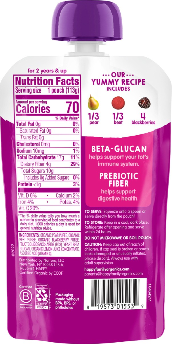 slide 3 of 6, Happy Tot Organics Super Bellies Stage 4 Immune + Digestive Support Blend Organic Pears, Beets & Blackberries Pouch 4 oz UNIT, 4 oz