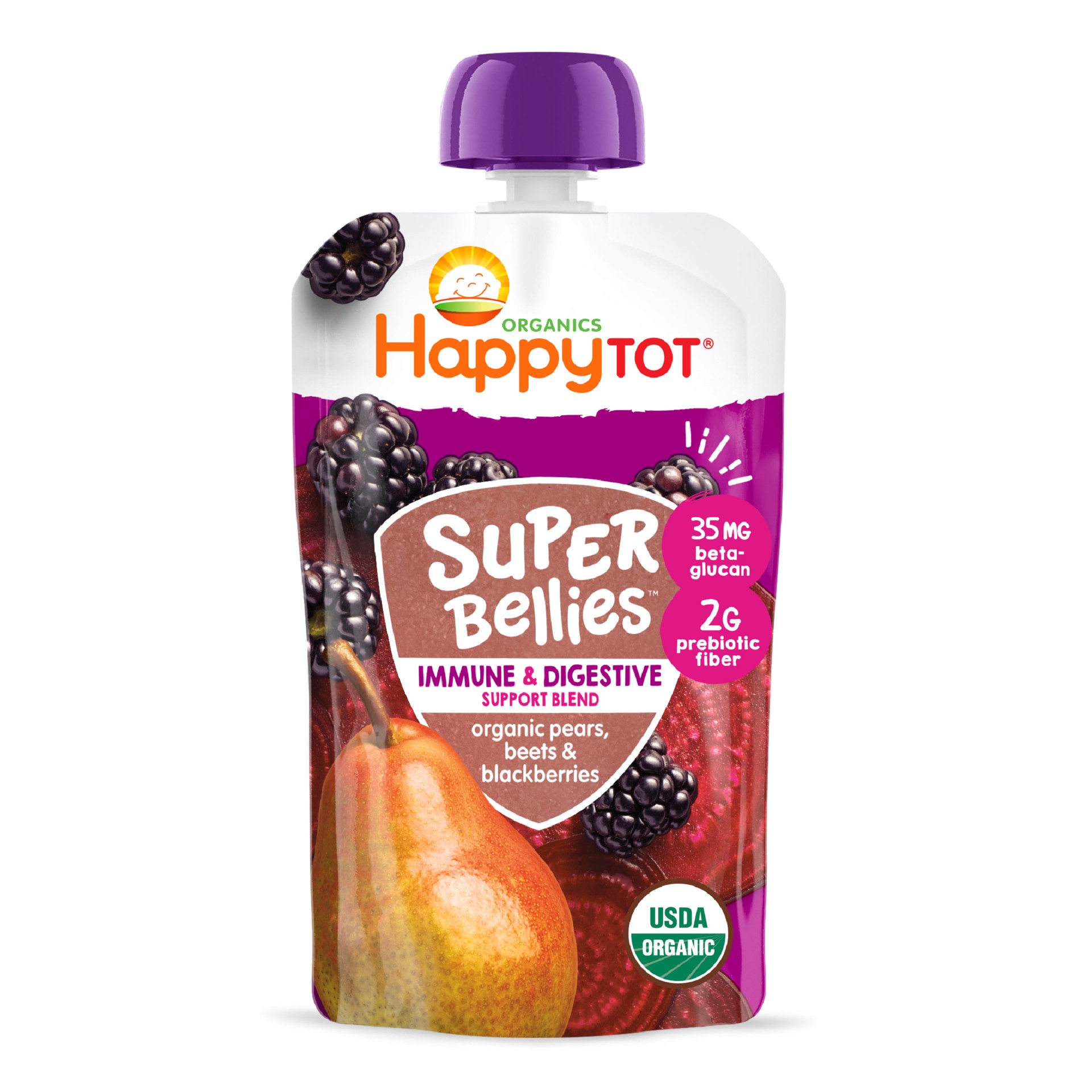 slide 1 of 6, Happy Tot Organics Super Bellies Stage 4 Immune + Digestive Support Blend Organic Pears, Beets & Blackberries Pouch 4 oz UNIT, 4 oz