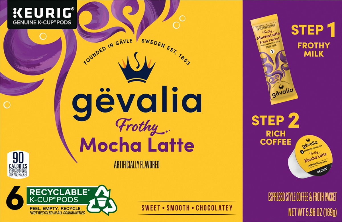 slide 1 of 9, Gevalia Frothy 2-Step Mocha Latte Espresso K-Cup Coffee Pods & Froth Packets Kit, 6 ct Box, 5.96 oz