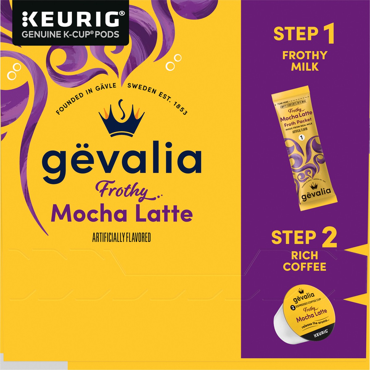 slide 5 of 9, Gevalia Frothy 2-Step Mocha Latte Espresso K-Cup Coffee Pods & Froth Packets Kit, 6 ct Box, 6 ct