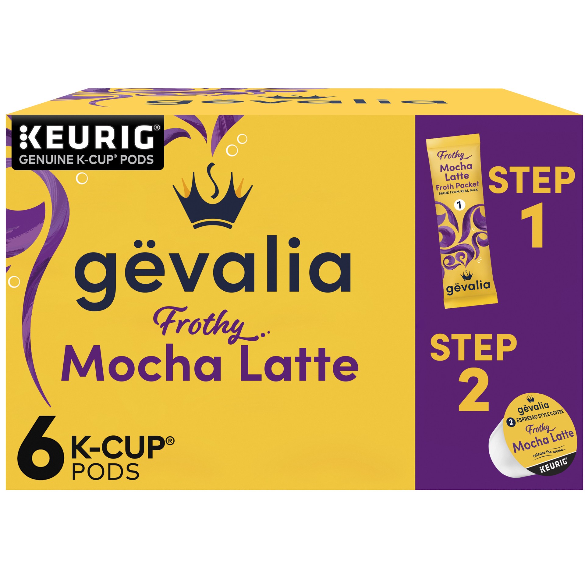 slide 1 of 9, Gevalia Frothy 2-Step Mocha Latte Espresso K-Cup Coffee Pods & Froth Packets Kit, 6 ct Box, 6 ct