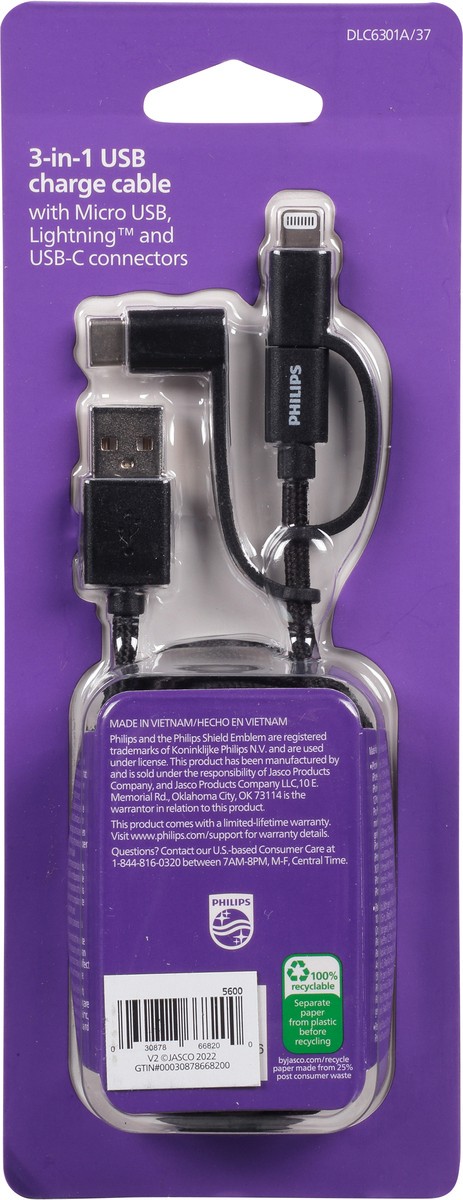 slide 5 of 9, Philips 3-In-1 USB Charge Cable 1 ea, 1 ct