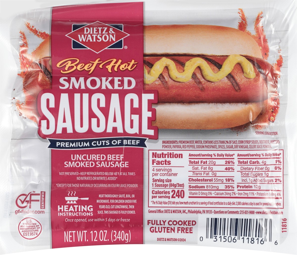 slide 5 of 13, Dietz & Watson Beef Hot Sausages, 12 oz