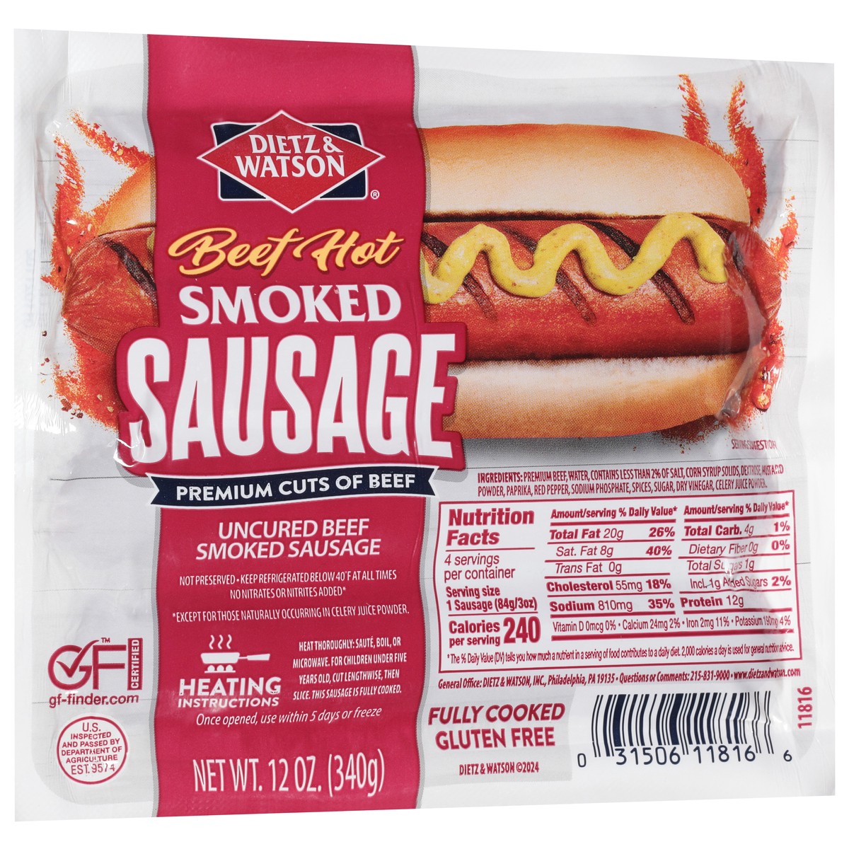 slide 8 of 13, Dietz & Watson Beef Hot Sausages, 12 oz