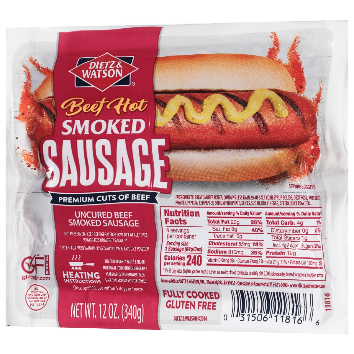 slide 11 of 13, Dietz & Watson Beef Hot Sausages, 12 oz