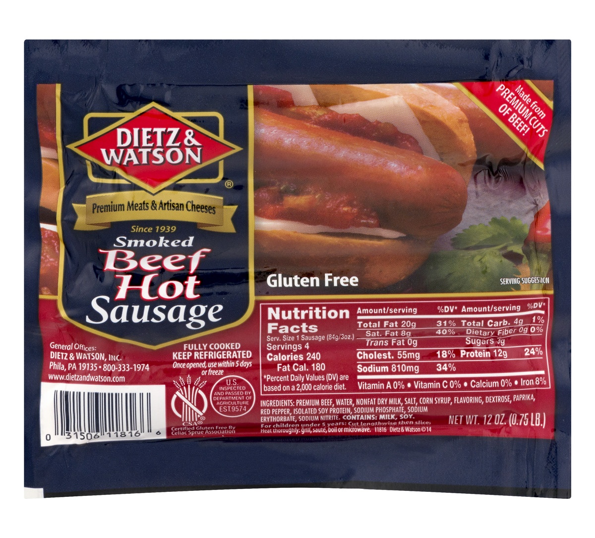 slide 1 of 1, Dietz & Watson Beef Hot Sausages, 12 oz