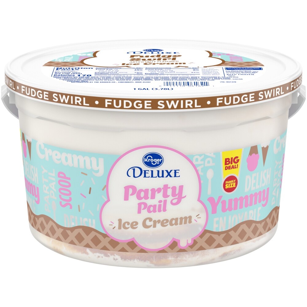 slide 1 of 1, Kroger Deluxe Party Pail Fudge Swirl Flavored Ice Cream Family Size, 1 gal
