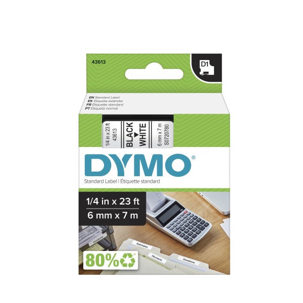 slide 1 of 7, DYMO D1 Standard Tape Cartridge For Dymo Label Makers, 1/4in x, Black on White, 23 ft