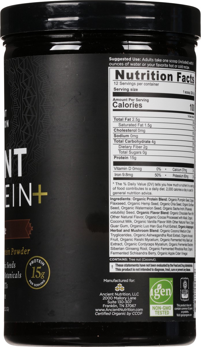 slide 8 of 9, Ancient Nutrition Plant Protein+ Chocolate Vegan Superfood Protein Powder, 12.5 oz