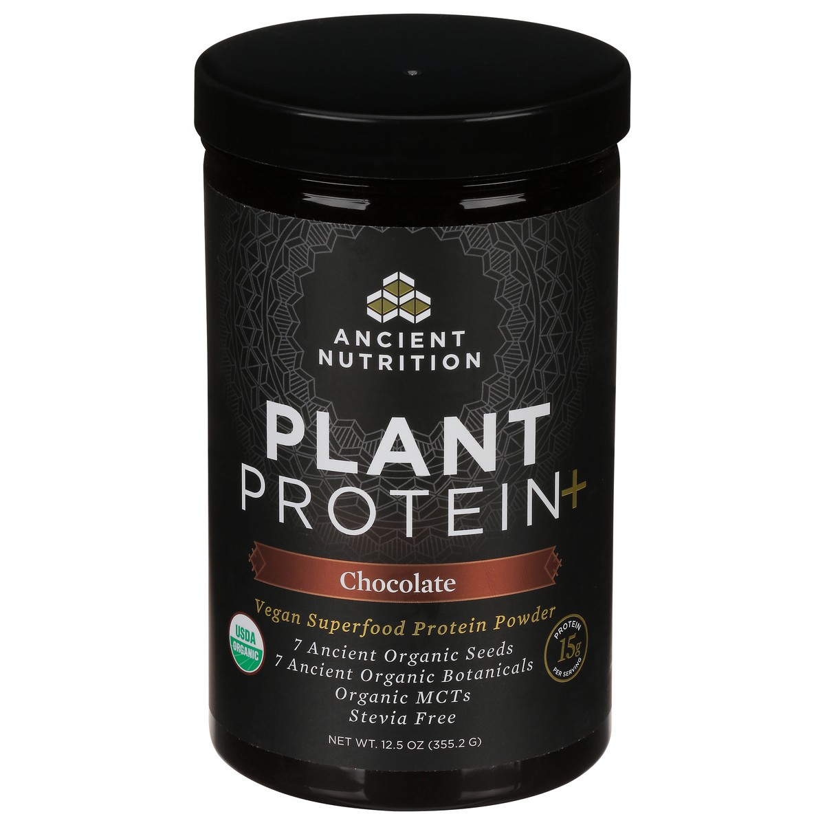 slide 1 of 9, Ancient Nutrition Plant Protein+ Chocolate Vegan Superfood Protein Powder, 12.5 oz