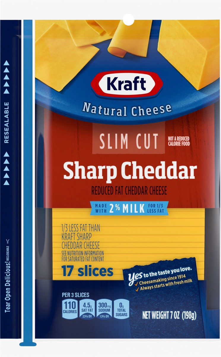 slide 4 of 13, Kraft Slim Cut Sharp Cheddar Cheese Slices with 2% Milk, 17 ct Pack, 17 pk