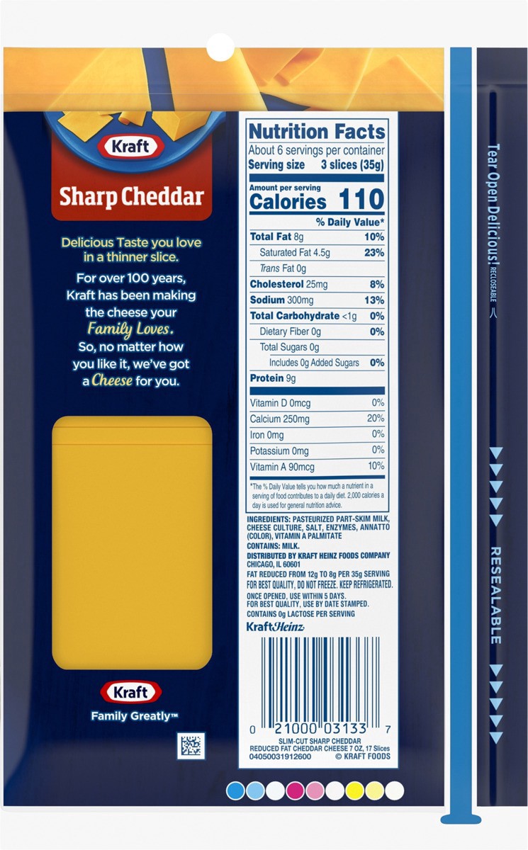 slide 11 of 13, Kraft Slim Cut Sharp Cheddar Cheese Slices with 2% Milk, 17 ct Pack, 17 pk